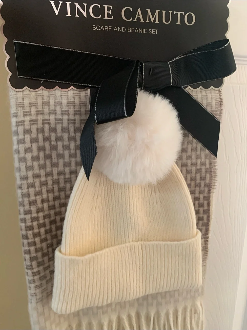 Vince Camuto Ivory Knit Beanie with Faux Fur Pom & Cream Plaid Scarf